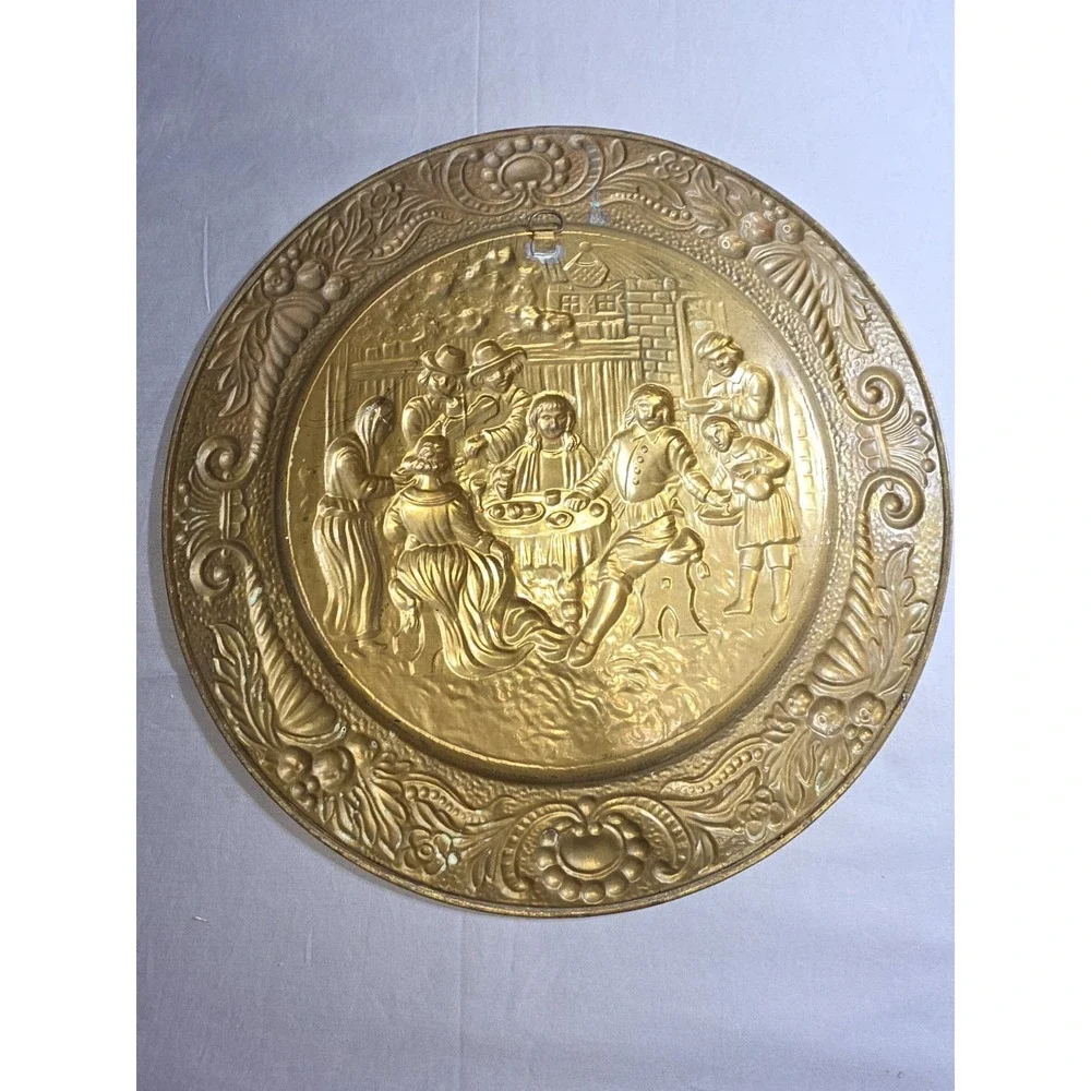 Vintage Brass Tavern Scene Wall Hanging Plate Embossed Repousse Pub Decor 14in